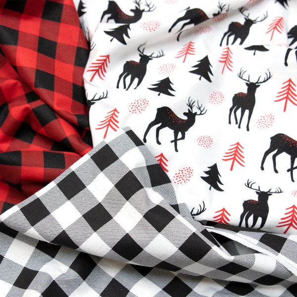 Flannel Christmas Fabric by the yard - black and white buffalo check, red and black plaid, and red and white deer fabric for men