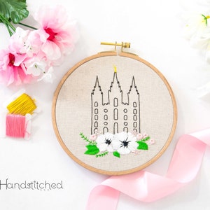 Custom Temple and Flower DIY Embroidery Kit Beginner - Embroidery Hoop Art - DIY Craft Kit, Temple Wall Art, DiY Craft Kit, LDS Temple