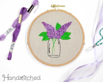 DIY Embroidery Kit Lilacs in a mason jar - DIY Craft Kit - Beginner Embroidery Kit - purple floral Embroidery Kit - french knot kit