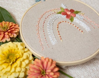 Hand Embroidery Kit - Rainbow Stitch Sampler with Floral stitches - Full video tutorial available!