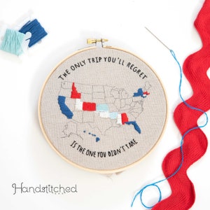 State Travel Embroidery kit - USA Road trip embroidery project, 2 SIZES 6" 8"Embroidery Kit Full Kit DIY Craft Kit Travel Embroidery Design