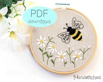 Bee Embroidery PDF pattern - spring floral embroidery pattern with daisies and honeybees - vintage style hand embroidery download pattern