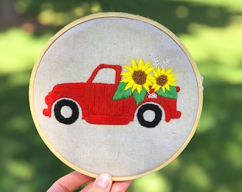 Sunflower Embroidery kit - vintage red truck - modern sunflower embroidery design - summertime vintage truck embroidery kit with flowers