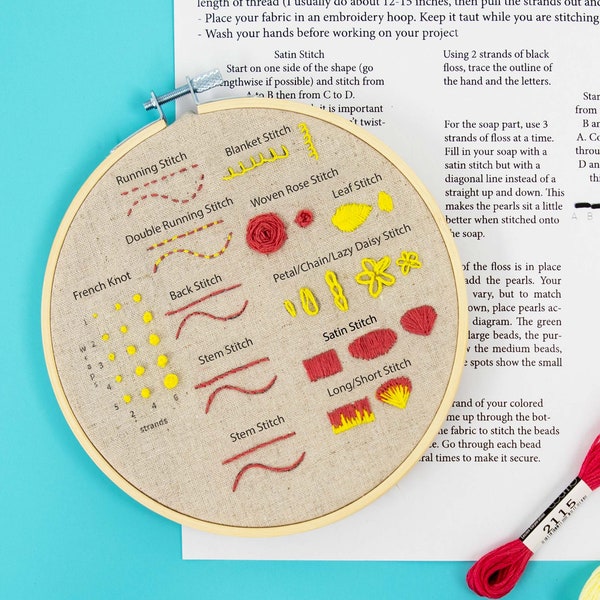Beginner Embroidery Kit Stitch Sampler - DIY Embroidery Kit Beginner-Embroidery Starter- DIY Craft Kit, Learn embroidery with tutorial video