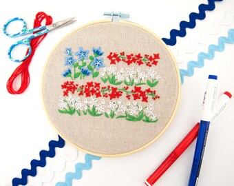 American Flag Floral embroidery kit, 6 inch embroidery hoop art kit with instructions and floss. Floral USA flag hand embroidery