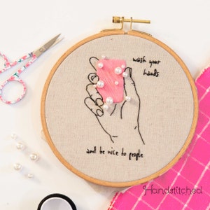 Wash your hands DIY Embroidery Kit Beginner - Embroidery Hoop Art - textured bead embroidery kit