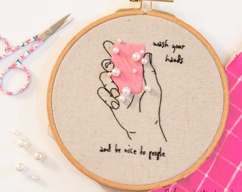 Wash your hands DIY Embroidery Kit Beginner - Embroidery Hoop Art - textured bead embroidery kit