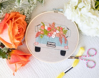 Vintage truck with flowers embroidery kit - Spring embroidery kit - little blue truck hand embroidery kit