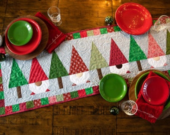 Gnomes Quilted Table Runner Pattern - pine trees and gnomes - winter table runner - Christmas quilted table runner- instant download pattern