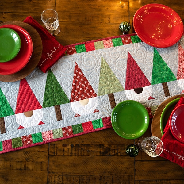 Gnomes Quilted Table Runner Pattern - pine trees and gnomes - winter table runner - Christmas quilted table runner- instant download pattern