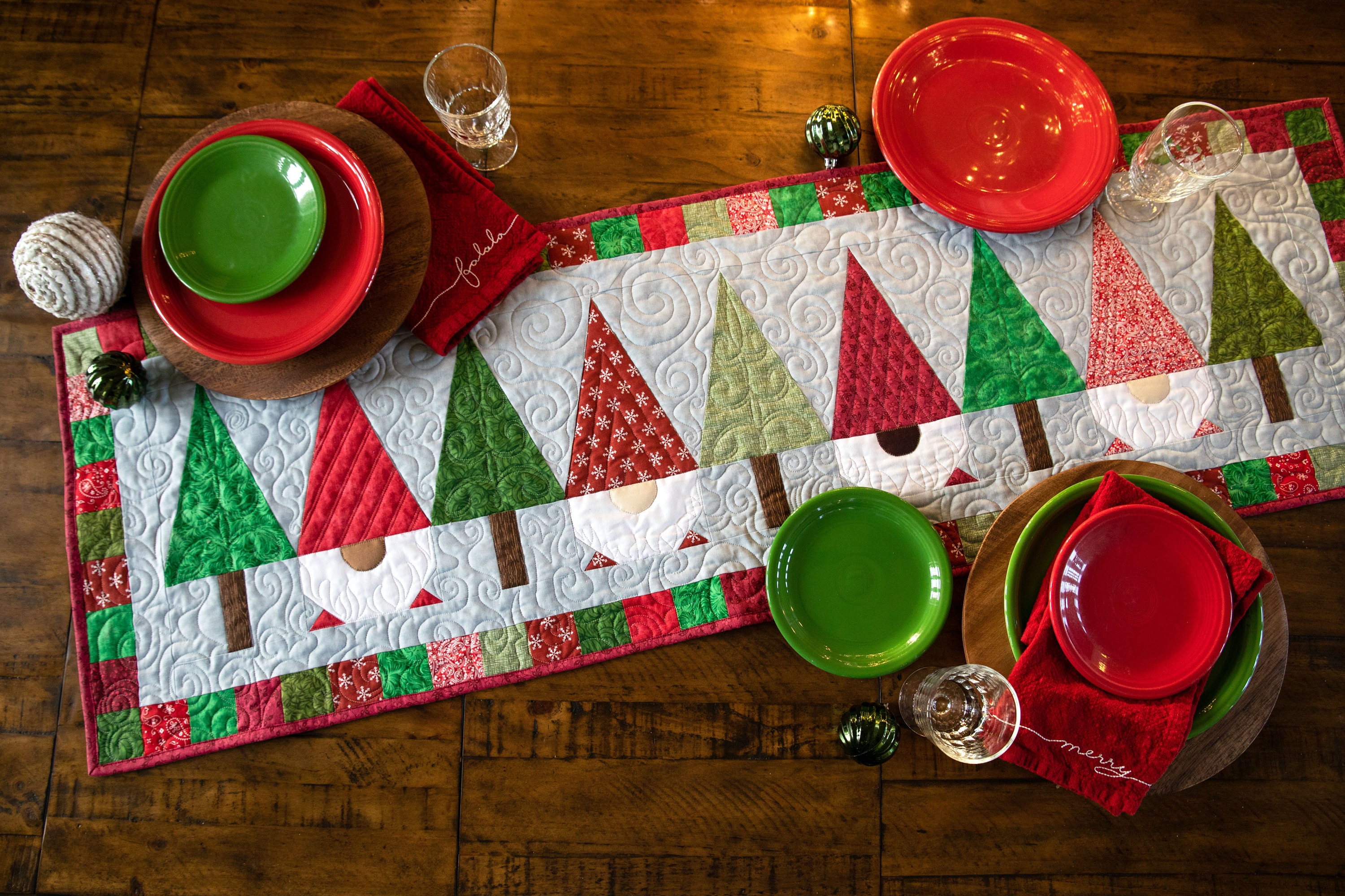 Gnomes Quilted Table Runner Pattern - pine trees and gnomes - winter table runner - Christmas quilted table runner- instant download pattern