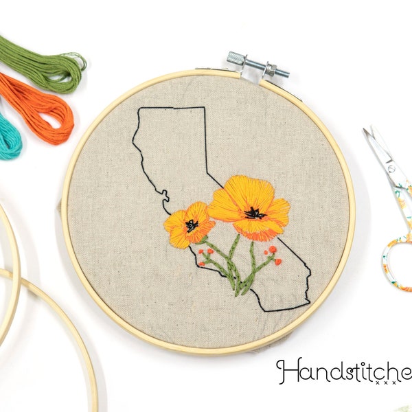 Custom State and Flower DIY Embroidery Kit Beginner - Embroidery Hoop Art - DIY Craft Kit, California Wall Art, DIY Craft Kit