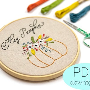 Fall Embroidery PDF download - Floral pumpkin and fall quote embroidery design - customizable embroidery pattern