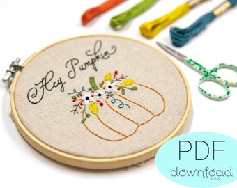 Fall Embroidery PDF download - Floral pumpkin and fall quote embroidery design - customizable embroidery pattern