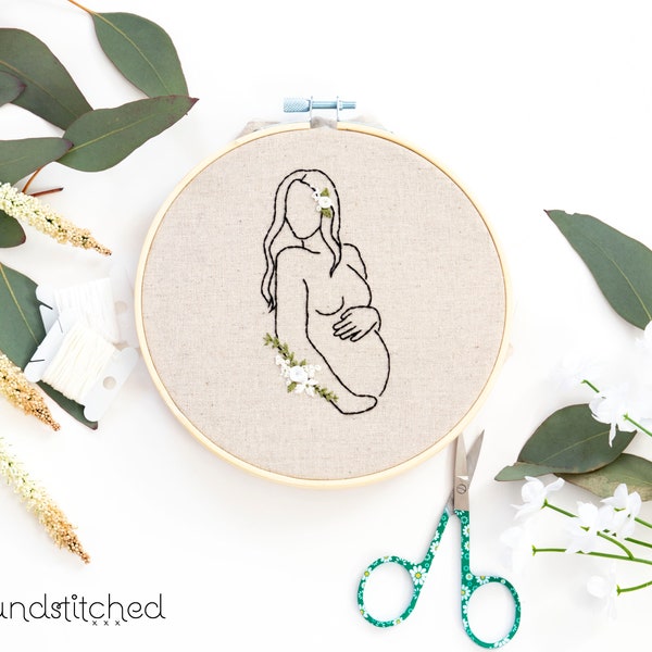 DIY Mother Embroidery kit - minimalist maternity embroidery design with flowers - Beginner Embroidery Kits - Feminist embroidery Kit