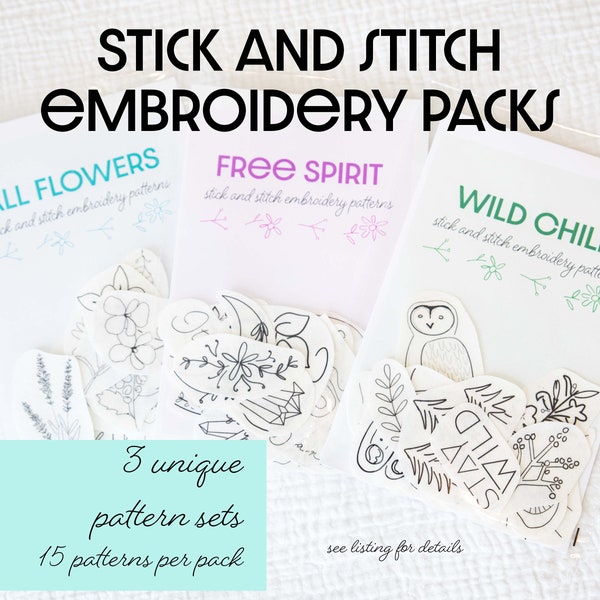 Stick and Stitch embroidery patterns - DIY embroidery patterns for clothes, hats, pillowcases - wildflower collection - 15 pieces