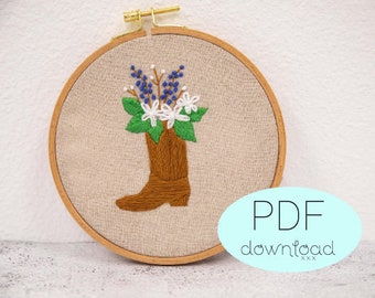 Texas State Flower Bluebonnet Boot DIY Embroidery Beginner - embroidery project, western embroidery, hand embroidery pattern download