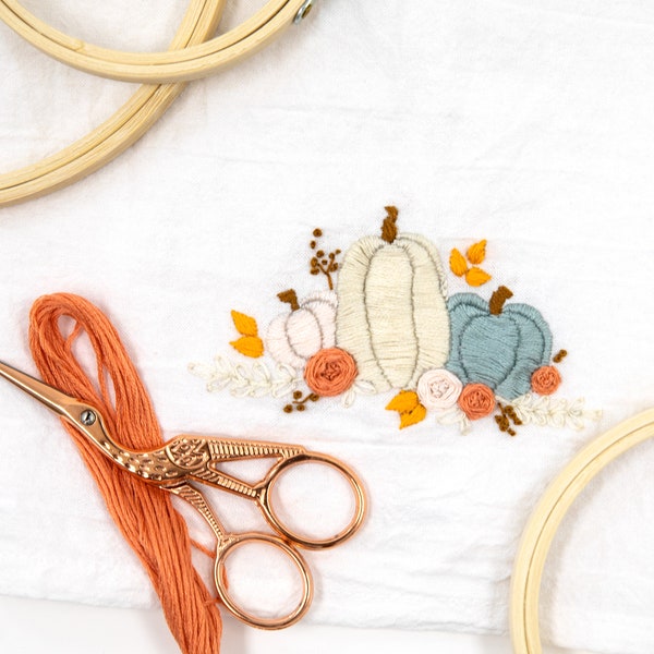 Pumpkin Tea Towel Embroidery Kit - hand embroidery tea towel - Fall tea towel