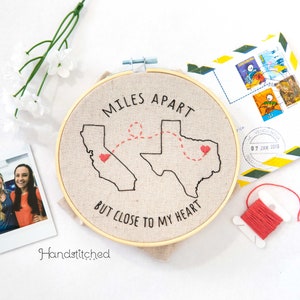 Custom State DIY Embroidery Kit Beginner - Embroidery Hoop Art - Hearts between states embroidery gift for a friend, personalized gift