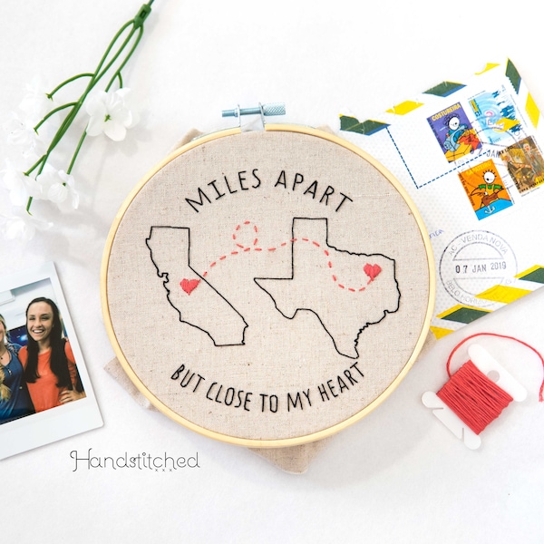 Custom State DIY Embroidery Kit Beginner - Embroidery Hoop Art - Hearts between states embroidery gift for a friend, personalized gift