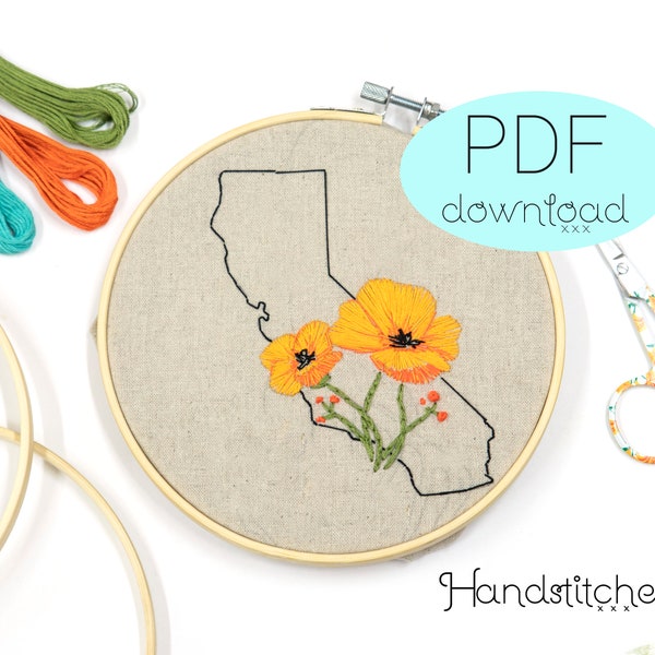 California State Flower DIY Embroidery Beginner - Embroidery Hoop Art - DIY Craft, California Wall Art, PDF Embroidery Download,