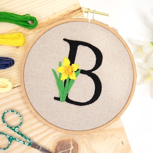 Birth Month Flower embroidery kit - initial embroidery kit, single letter, custom embroidery kit