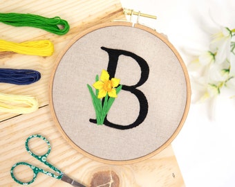 Birth Month Flower embroidery kit - initial embroidery kit, single letter, custom embroidery kit