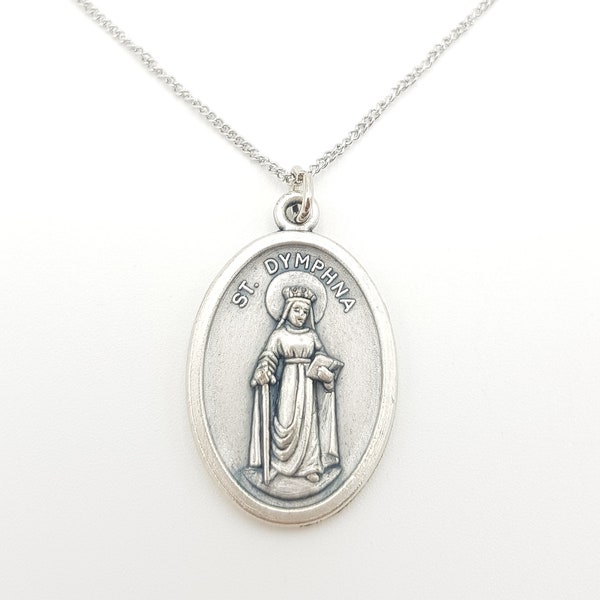 Saint Dymphna Medal Necklace for Women, 19 Inch Stainless Steel Chain, Patron Saint of Mental Illness and Anxiety, Catholic Saint