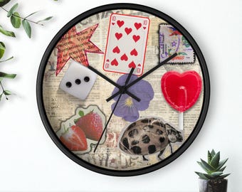 Whimsical Wall Clock - Vintage Card & Nature Design, Home Decor, Unique Gift, Fun Office Wall Art, Playful Timepiece