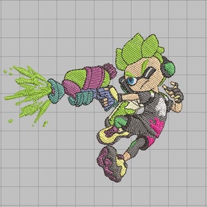 May include: A green and black cartoon character with green hair and a green and purple weapon, shooting green paint.