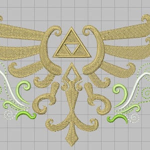 Pode incluir: Desenho bordado em ouro de um pássaro estilizado com as asas abertas, um símbolo triangular no centro e detalhes florais verdes e brancos.