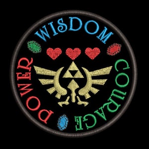 May include: A black and gold embroidered patch with the words "Wisdom, Power, Courage" surrounding a stylized Triforce symbol. The words are in a circular pattern with red, green, and blue accents.
