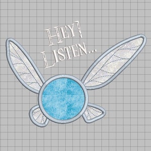 May include: A white embroidered patch with a blue circle in the center and two wings on either side. The text "HEY! LISTEN..." is above the patch.