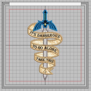 Könnte beinhalten: Ein silbernes Schwert mit einem blauen und grünen Griff, umwickelt mit einem braunen Band mit dem Text "It's dangerous to go alone. Take this."