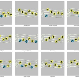 Op de afbeelding: Een digitale illustratie van een notenbalk met gele en zwarte noten, en blauwe en zwarte muzieknoten. De namen van de liedjes staan onder elke notenbalk: Bolero Of Fire, Eponas Song, Minuet Of Forest, Nocturne Of Shadow, Prelude Of Light, Requiem Of Spirit, Sarias Song, Serenade Of Water, Song Of Storms, Song Of Time, Suns Song, Zeldas Lullaby.