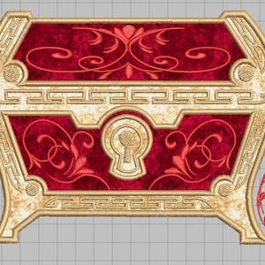 May include: A red velvet treasure chest with gold trim and a keyhole. The chest has a decorative floral design and is closed.