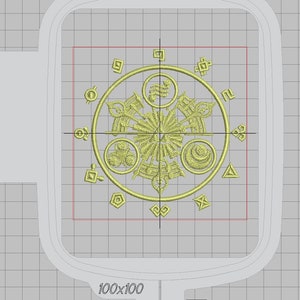 May include: A yellow embroidered design of a circle with four smaller circles inside, surrounded by various geometric shapes. The design is centered on a 100x100 inch embroidery hoop.