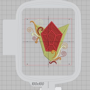 May include: A red, faceted gemstone with a yellow and orange floral design. The design is in a 100x100 hoop.