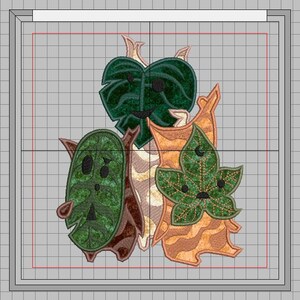 May include: Three embroidered patches featuring whimsical green and brown creatures with leaf-like features. The creatures have large eyes and are stitched with intricate details.