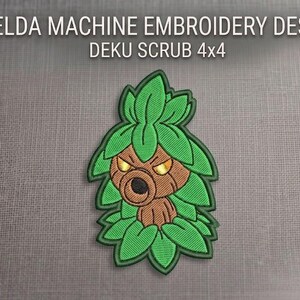 May include: A machine embroidery design of a Deku Scrub character featuring green leaves, a brown wooden face, and glowing yellow eyes. The text ZELDA MACHINE EMBROIDERY DESIGN DEKU SCRUB 4x4 is displayed above the embroidered character patch.
