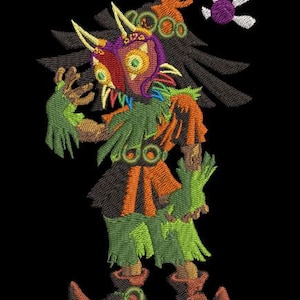 May include: Embroidered Majora's Mask character with a colorful mask, green and orange clothing, and a fairy. The design features intricate stitching and a black background. A unique piece for fans of the game.