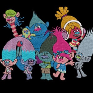 May include: A group of colorful cartoon trolls with different hair styles and expressions. The trolls are wearing various outfits, including a pink dress, a blue shirt, and a red and white striped shirt.