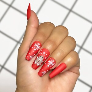 24 Pcs Christmas Press on Nail Long Coffin Bright Red Gingerbread Snowflake image 2