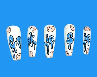 24 Pcs White Press on Nails | Cookies | Blue | Long Coffin