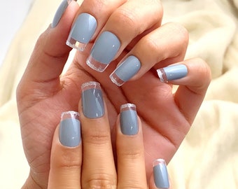 24 Pcs Grey Press on Nail | Clear French Tip | Short Nail