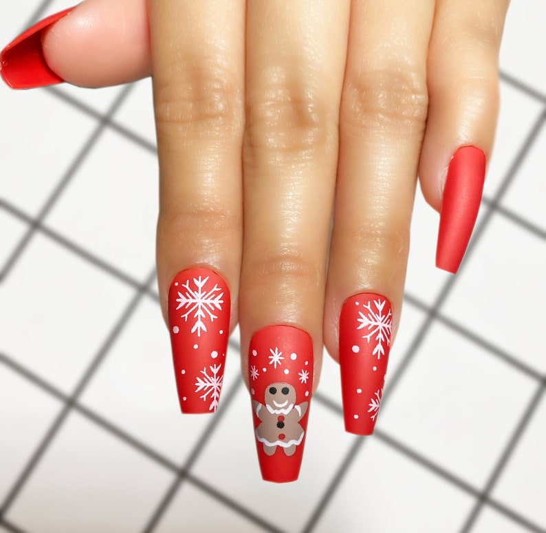 24 Pcs Christmas Press on Nail Long Coffin Bright Red Gingerbread Snowflake image 3