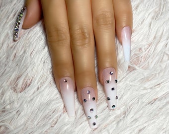 Ongles à presser ombrés roses, 24 pièces avec effet scintillant | cercueil | Longue | Brillant