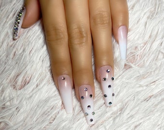 24 Pcs Pink Ombre Press On Nails with Bling | Coffin | Long | Glossy