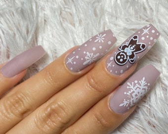 24 Pcs Christmas Press on Nail | Long | Lavendar/Mauve | Gingerbread