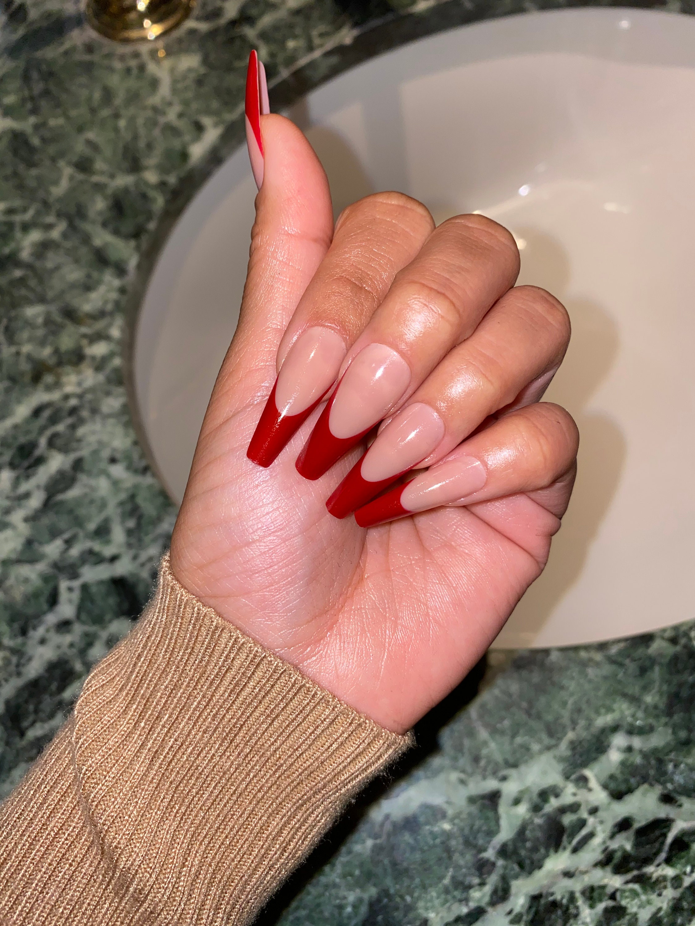 24 Pcs Red French Tip Press On Nails Extra Long Coffin Style Etsy